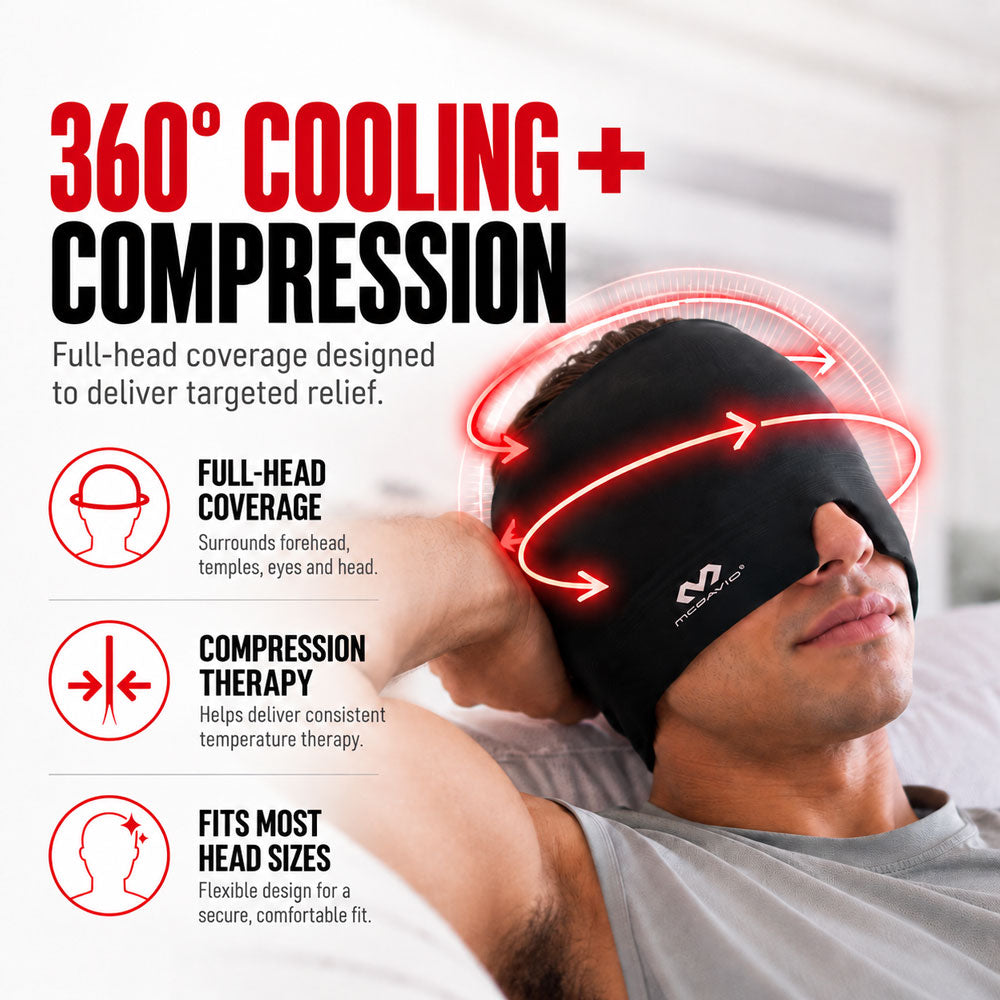 Man wearing the McDavid Flex Ice Therapy Migraine Cap over his eyes and head, demonstrating 360-degree coverage, cooling therapy, and a comfortable compression fit.