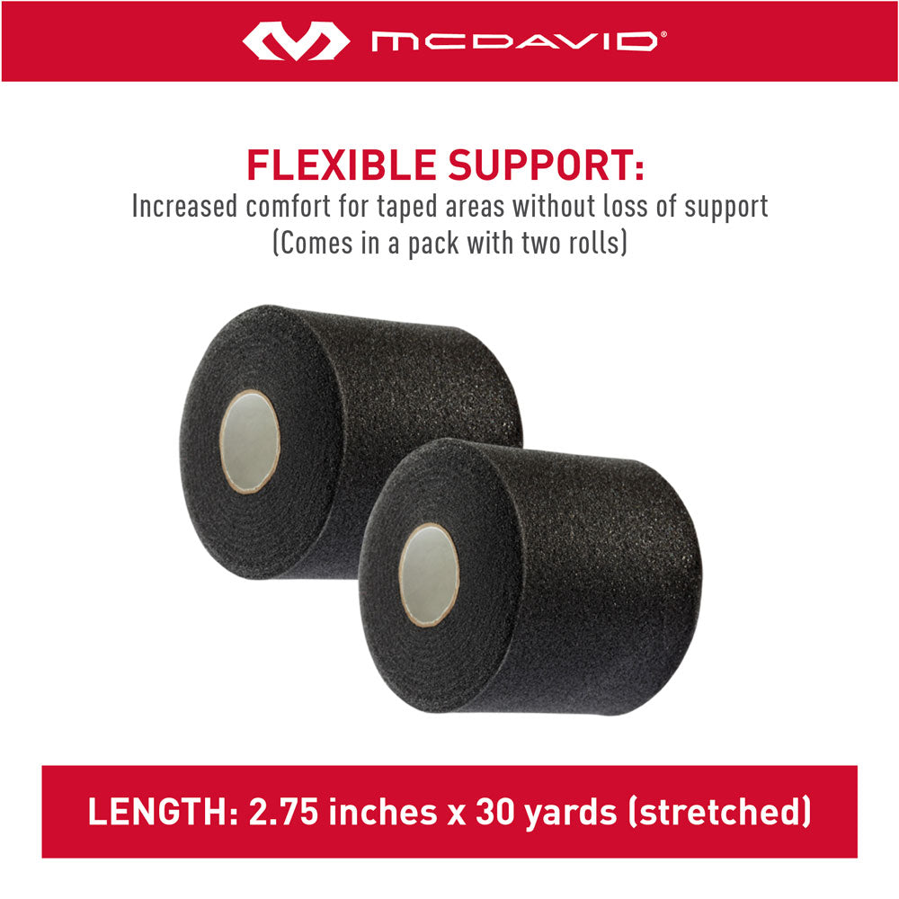 Two black McDavid under-wrap rolls, each 2.75 inches by 30 yards (stretched). Provides flexible support for taped areas without loss of support. Sold as a pack of two.