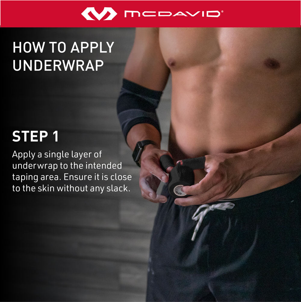 How to Apply Underwrap  - Step 1: Apply a single layer of underwrap to the intended taping area. Ensure it is close to the skin without any slack.