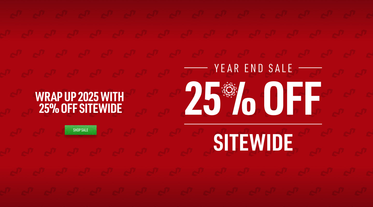 Red promotional banner with 25% off sitewide text on a red background with a SHOP SALE Button