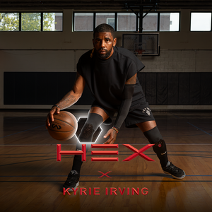 Kyrie Irving holding a basketball on a court with 'Hex x Kyrie Irving' branding.