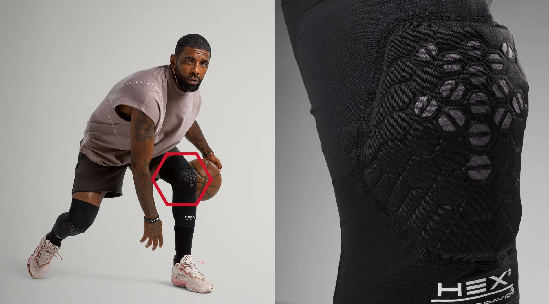 Kyrie Irving wearing black HEX knee sleeves with a close-up of the knee pad on a gray background.