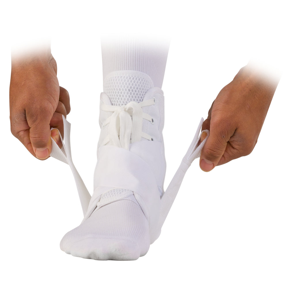 McDavid Ankle Brace with  Straps - White - Model Tightening Straps Around Ankle