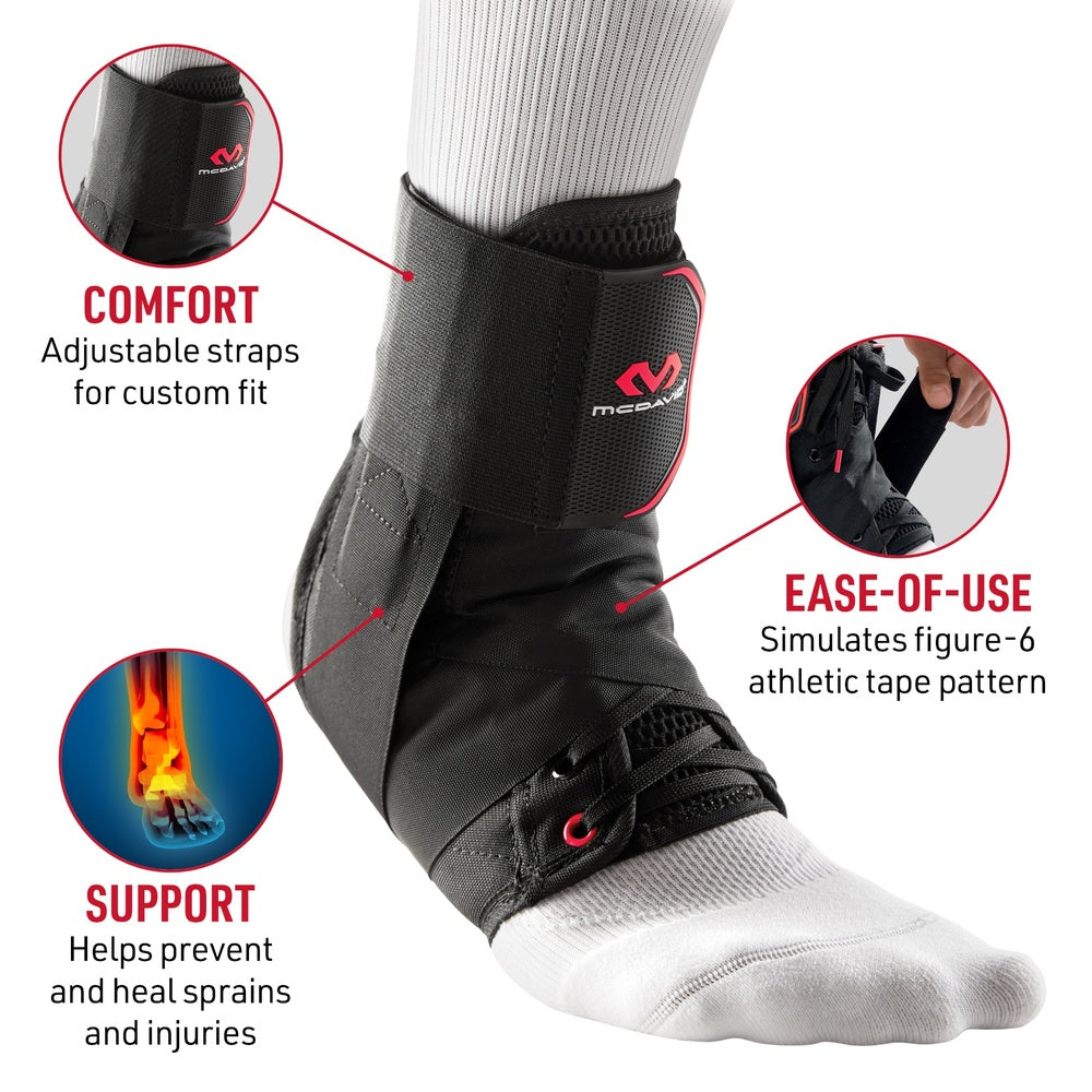 McDavid-
COMFORT: Adjustable straps for custom fit
EASE-OF-USE: Simulates figure-6 athletic tape pattern
SUPPORT: Helps prevent and heal sprains and injuries
