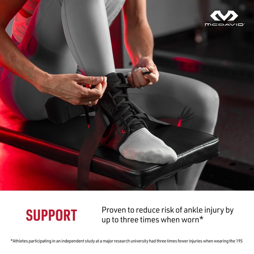 McDavid-
SUPPORT- Proven to reduce risk of ankle injury by up to three times when worn*

*Athletes participating in an independent study at a major research university had three times fewer injuries when wearing the 195

