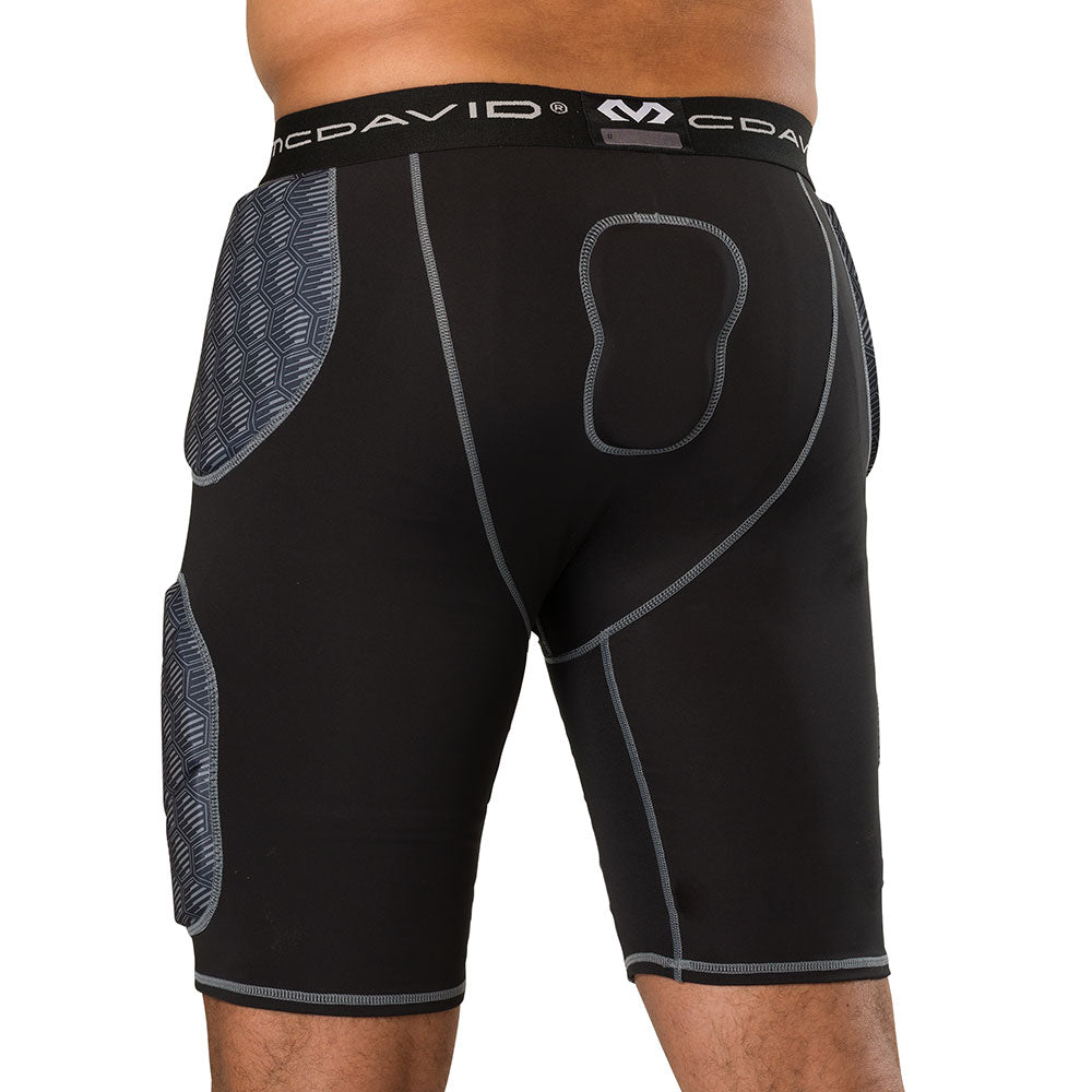 McDavid Rival Integrated 5-Pad Girdle in black, back view on model showing tailbone pad and hip padding fit