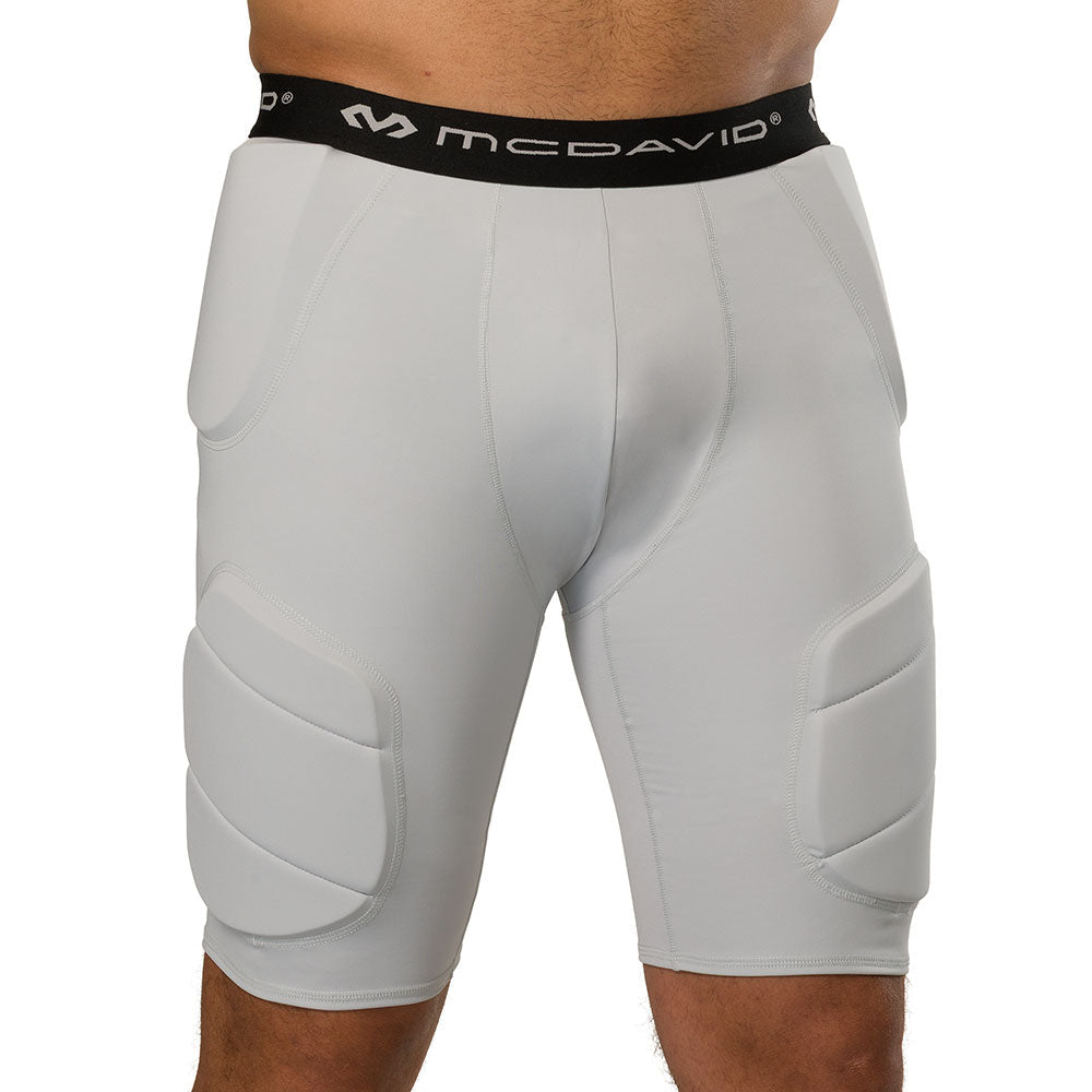 McDavid Rival Integrated 5-Pad Girdle in grey, front view on model showing padded girdle fit