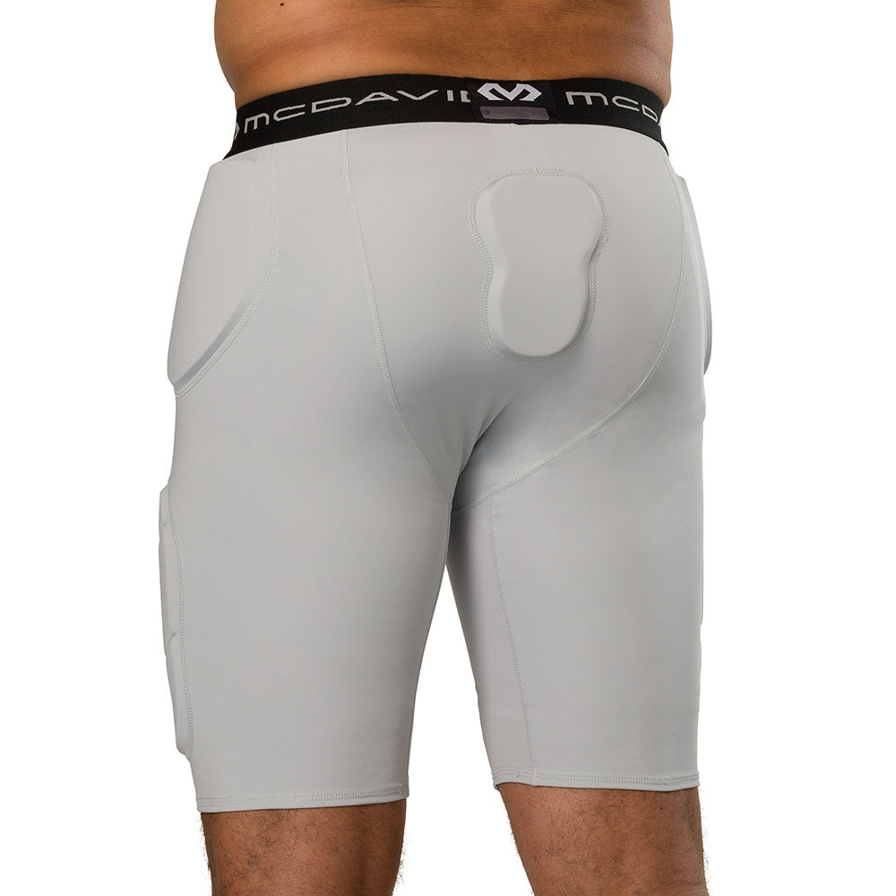 McDavid Rival Integrated 5-Pad Girdle in grey, back view on model showing tailbone pad and hip padding fit