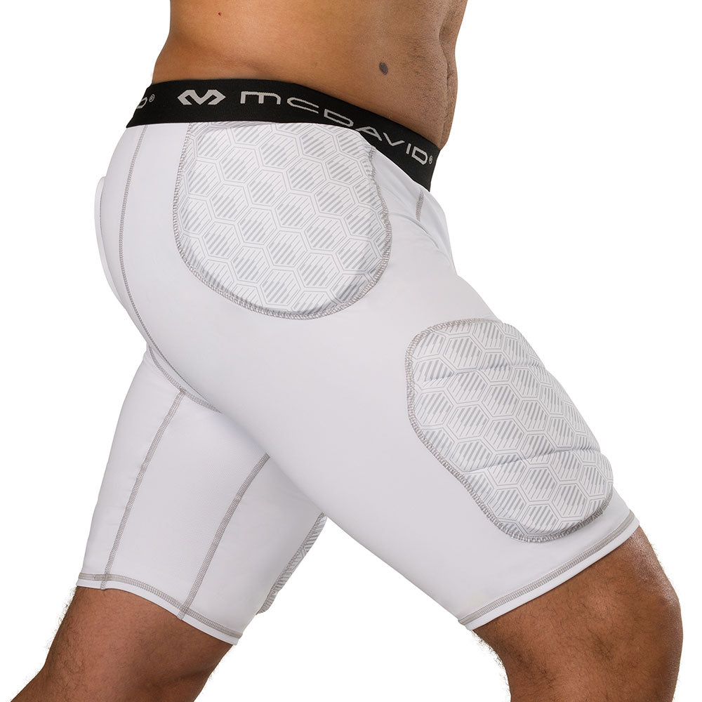McDavid Rival Integrated 5-Pad Girdle in white, three-quarter side view on model showing hip and thigh pad placement