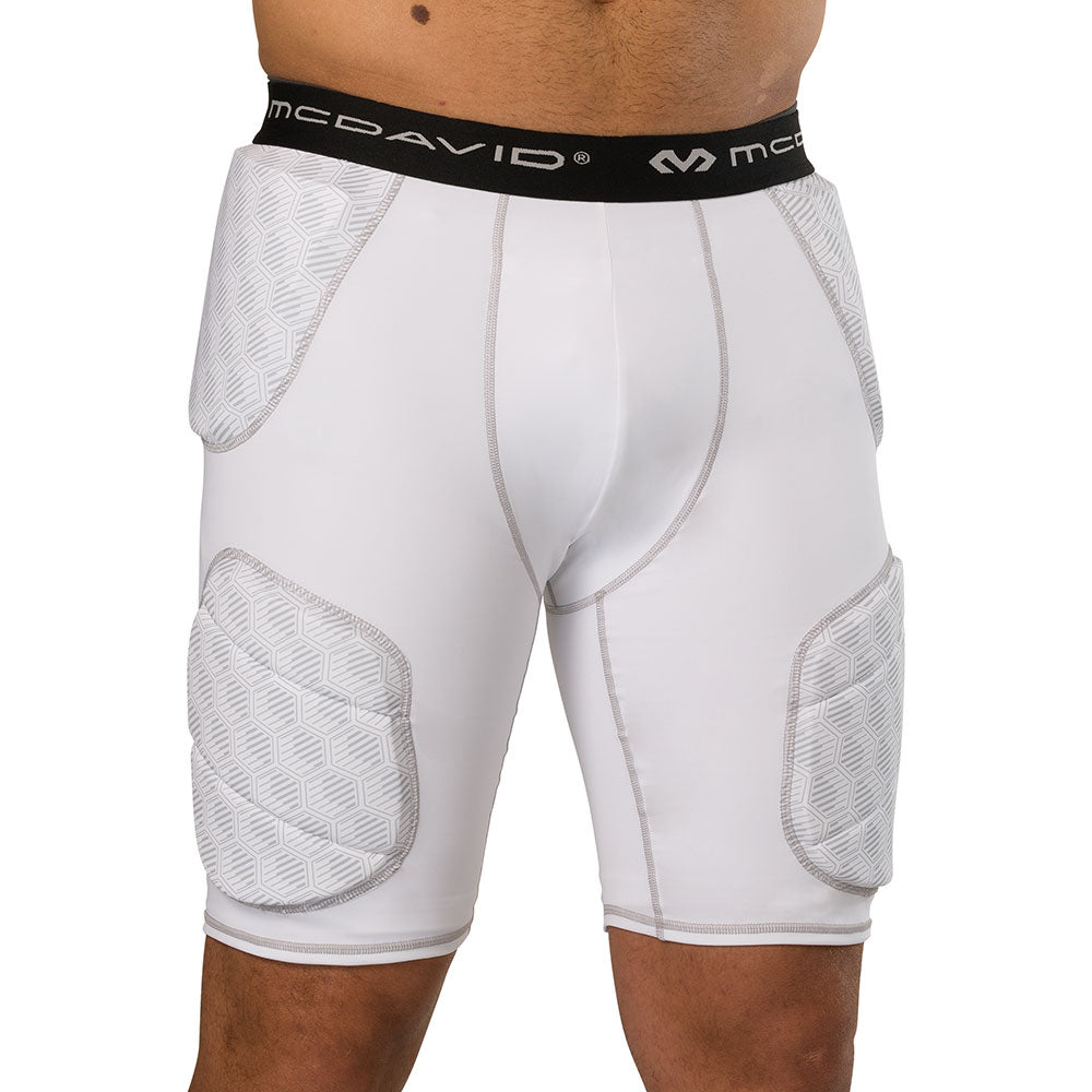 McDavid Rival Integrated 5-Pad Girdle in white, front view on model showing padded girdle fit