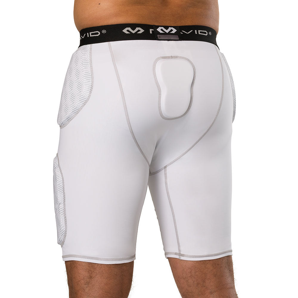 McDavid Rival Integrated 5-Pad Girdle in white, back view on model showing tailbone pad and hip padding fit
