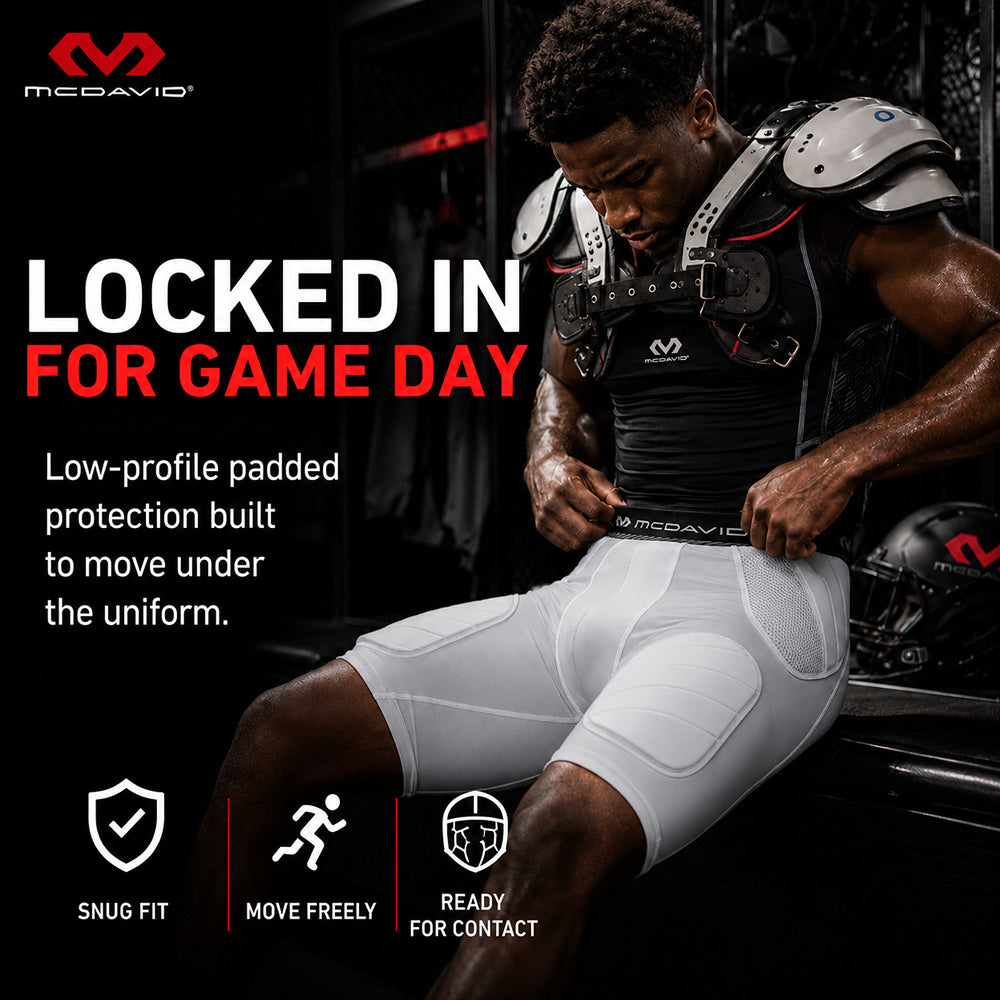 McDavid Rival Integrated 5-Pad Girdle in white worn under football uniform, showing snug fit, freedom of movement, and contact-ready protection