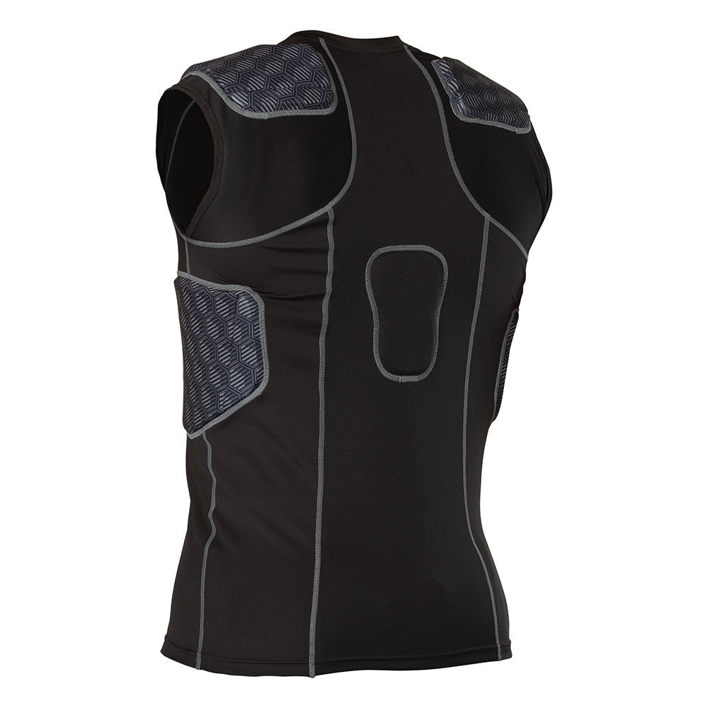 McDavid Rival 5-Pad Integrated Compression Shirt in black, back view showing shoulder blade pads and spine pad cutout