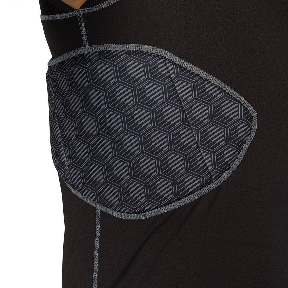 McDavid Rival 5-Pad Integrated Compression Shirt in black, close-up of hex-pattern rib pad