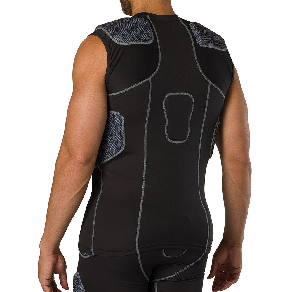 McDavid Rival 5-Pad Integrated Compression Shirt in black, back view on model showing shoulder blade pads and spine pad fit