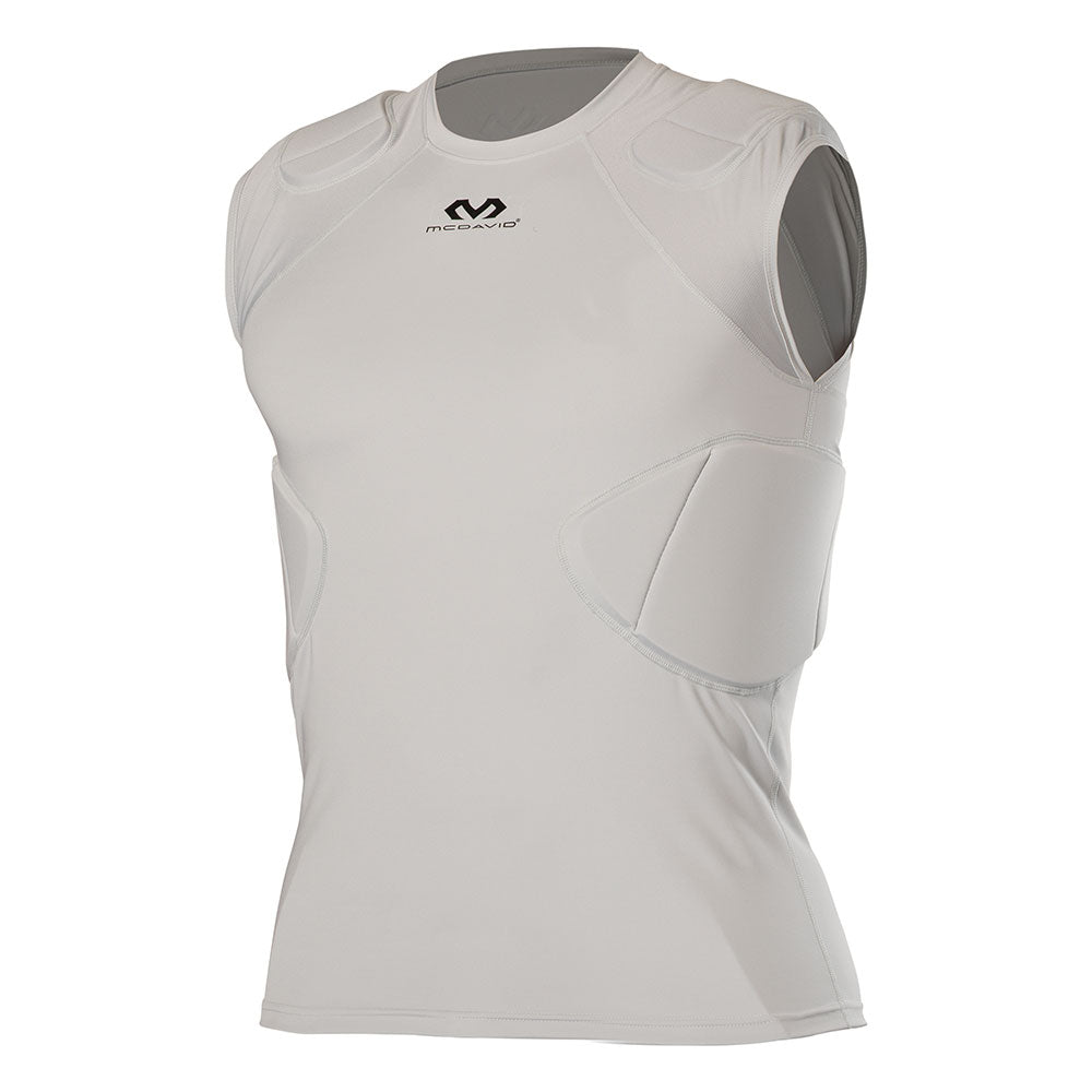 McDavid Rival 5-Pad Integrated Compression Shirt in grey, front view showing shoulder and rib pad placement