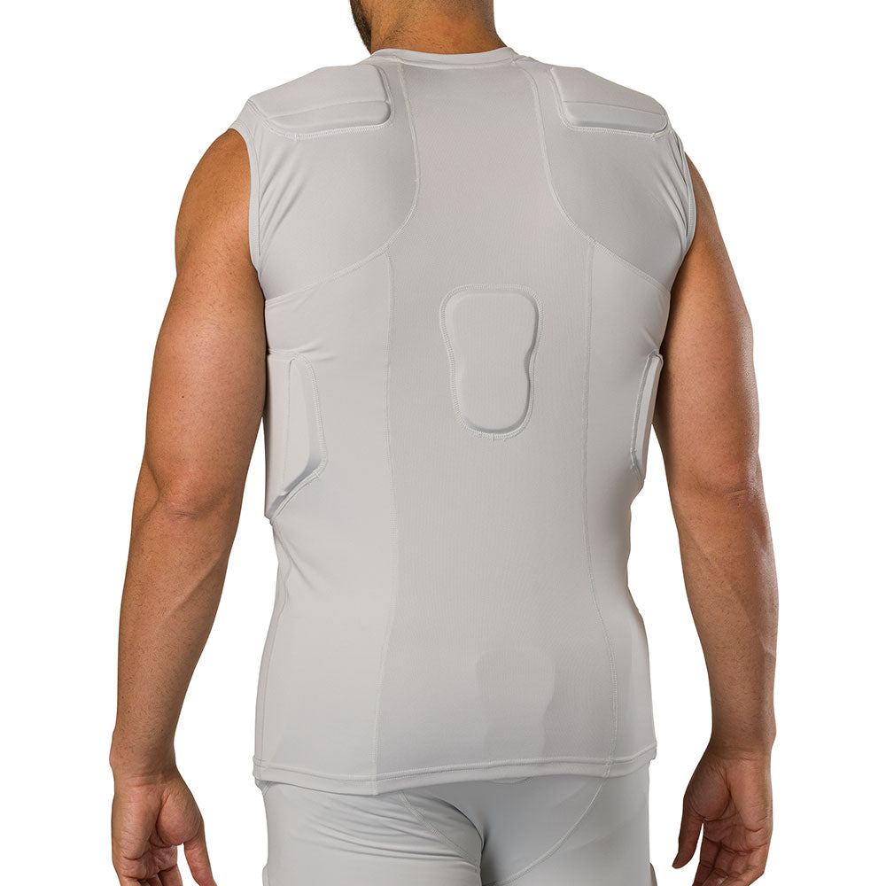 McDavid Rival 5-Pad Integrated Compression Shirt in grey, back view on model showing shoulder blade pads and spine pad fit