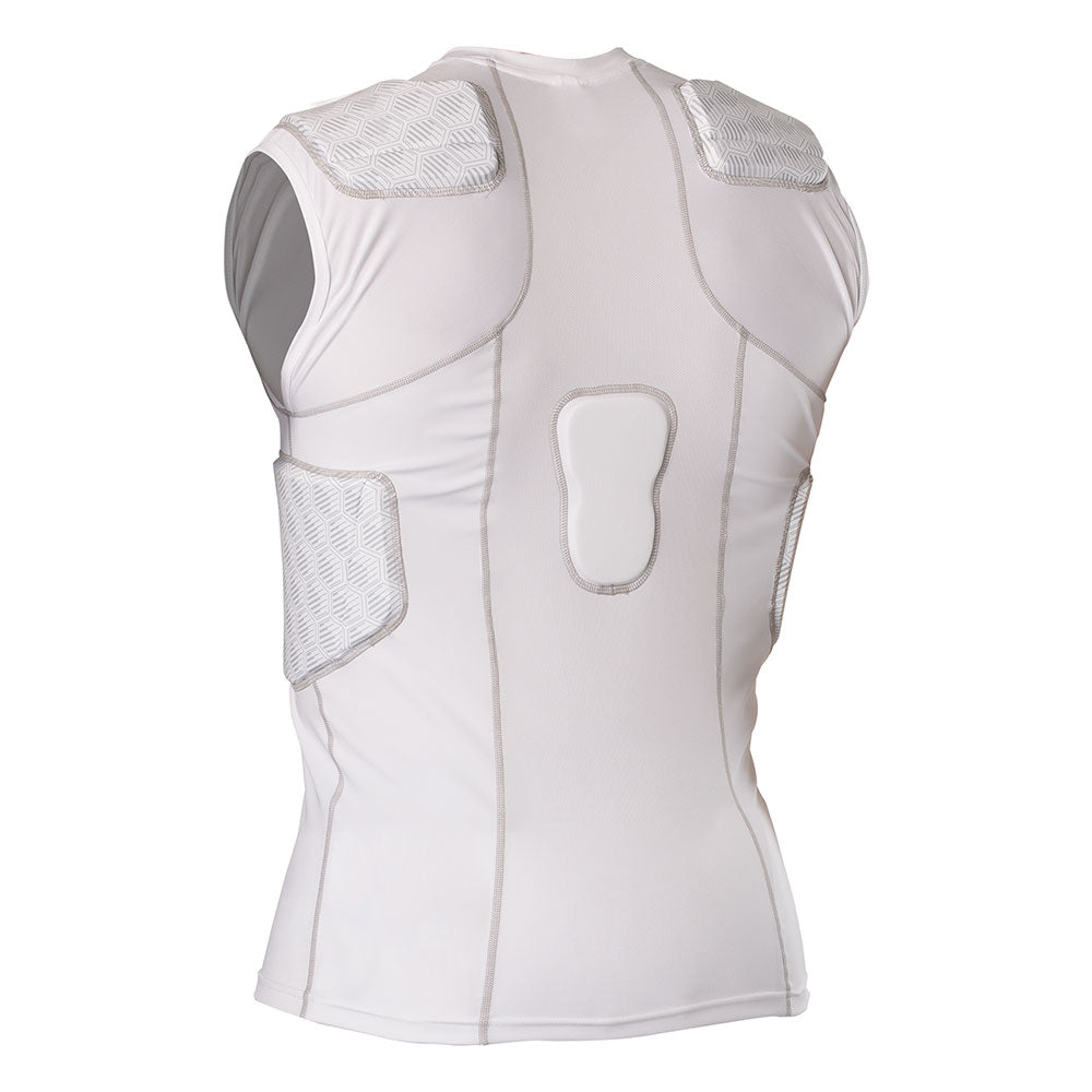 McDavid Rival 5-Pad Integrated Compression Shirt in white, back view showing shoulder blade pads and spine pad cutout