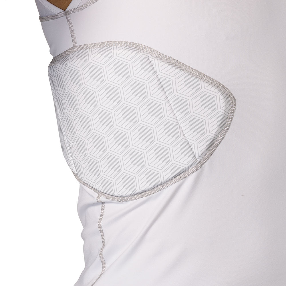 McDavid Rival 5-Pad Integrated Compression Shirt in white, close-up of hex-pattern rib pad