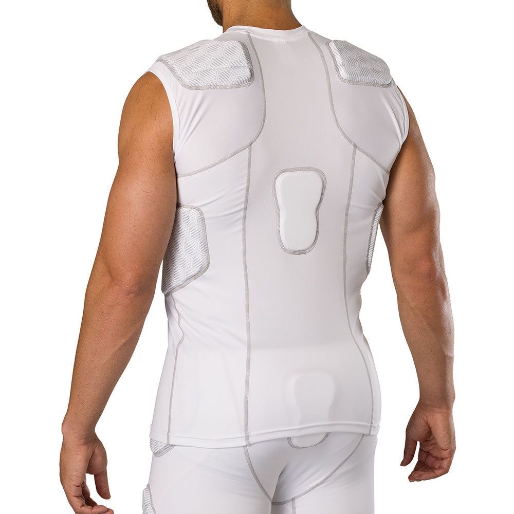 McDavid Rival 5-Pad Integrated Compression Shirt in white, back view on model showing shoulder blade pads and spine pad fit