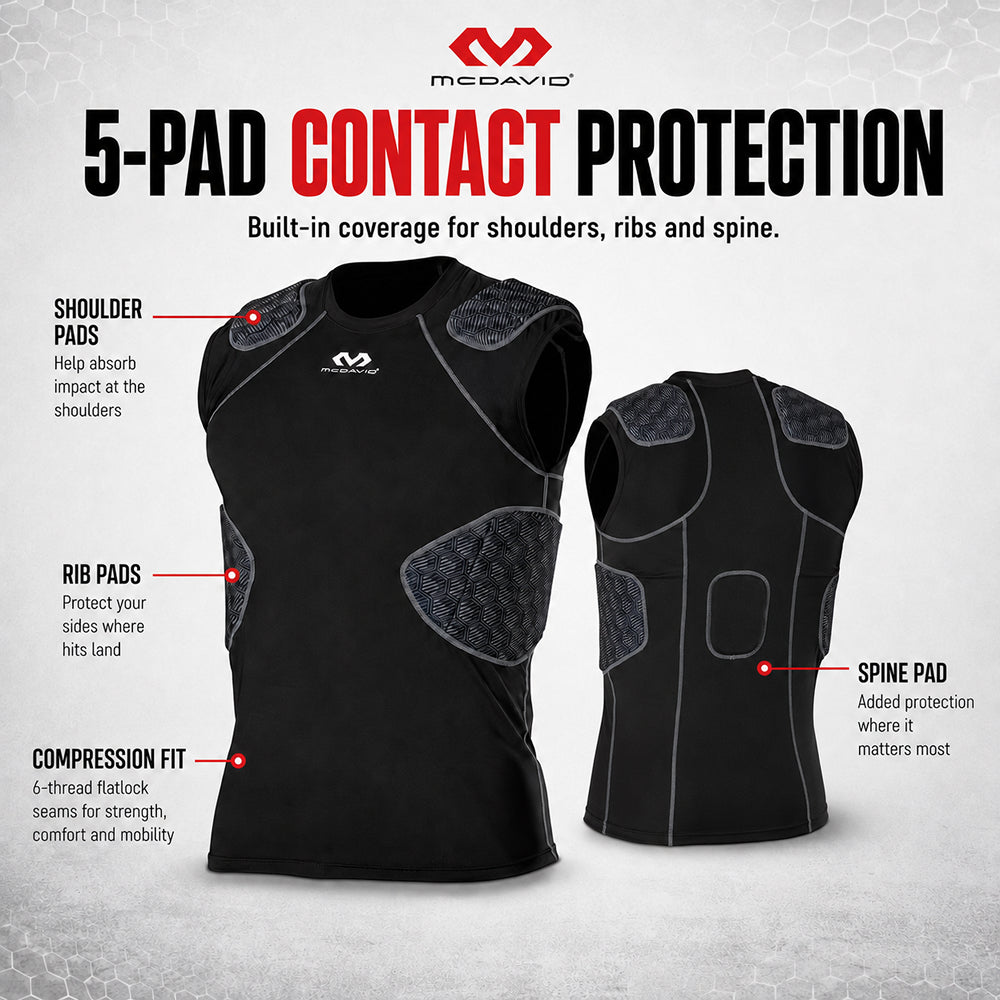 Diagram of McDavid Rival 5-Pad Integrated Compression Shirt in black showing shoulder pads, rib pads, spine pad, and compression fit