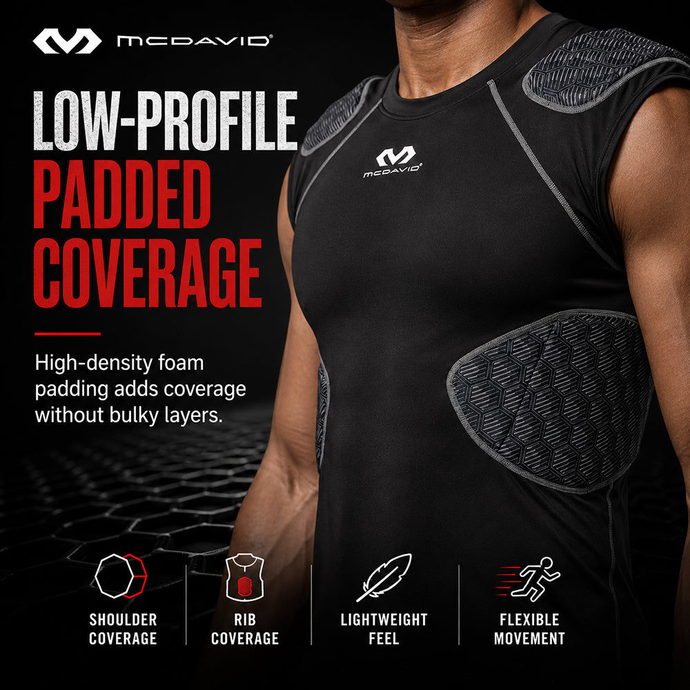 Close-up infographic of McDavid Rival 5-Pad Integrated Compression Shirt in black on model, highlighting shoulder and rib coverage with a lightweight, flexible fit