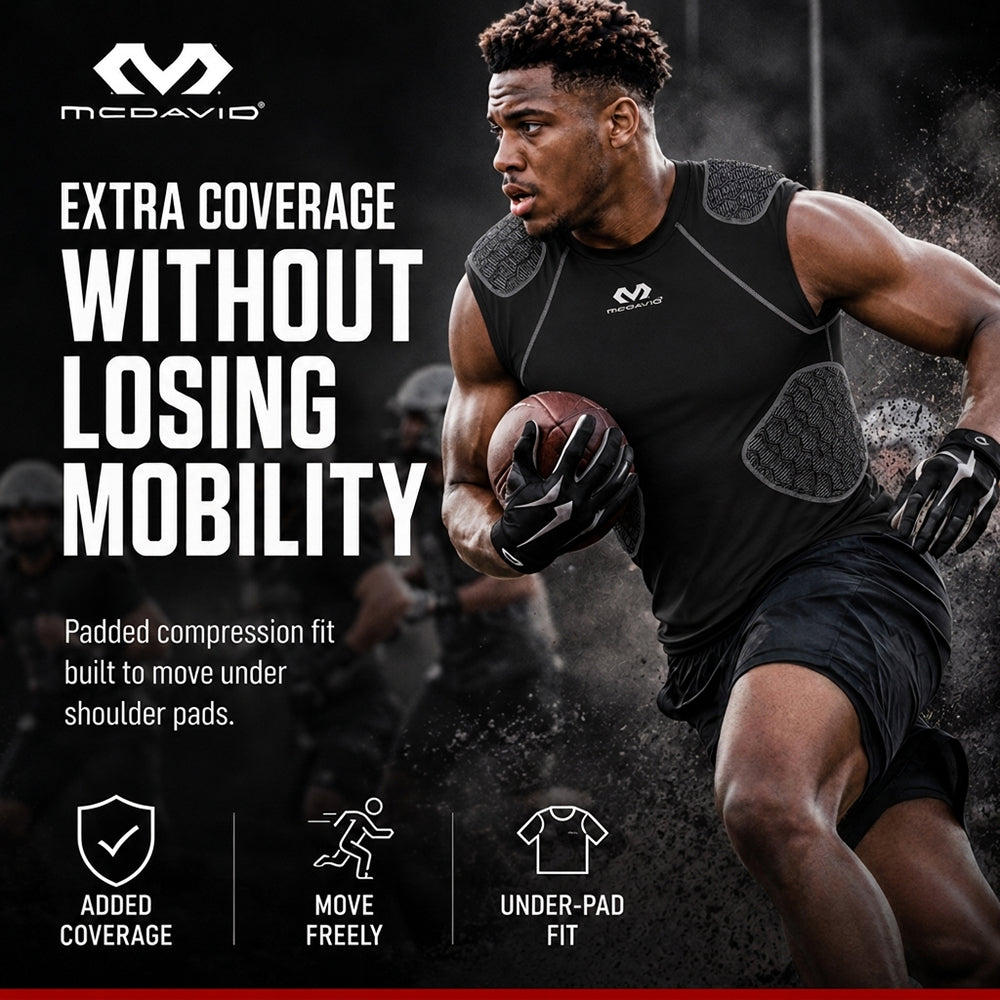 McDavid Rival 5-Pad Integrated Compression Shirt in black worn by athlete running with football, highlighting added coverage, freedom of movement, and fit under shoulder pads