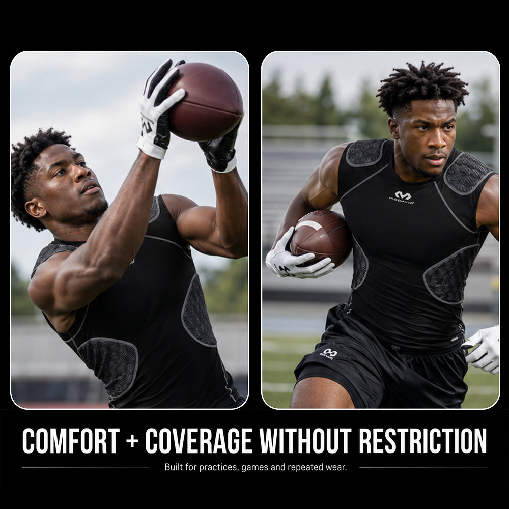 McDavid Rival 5-Pad Integrated Compression Shirt in black in action on the field, showing comfort and coverage during football practice and play