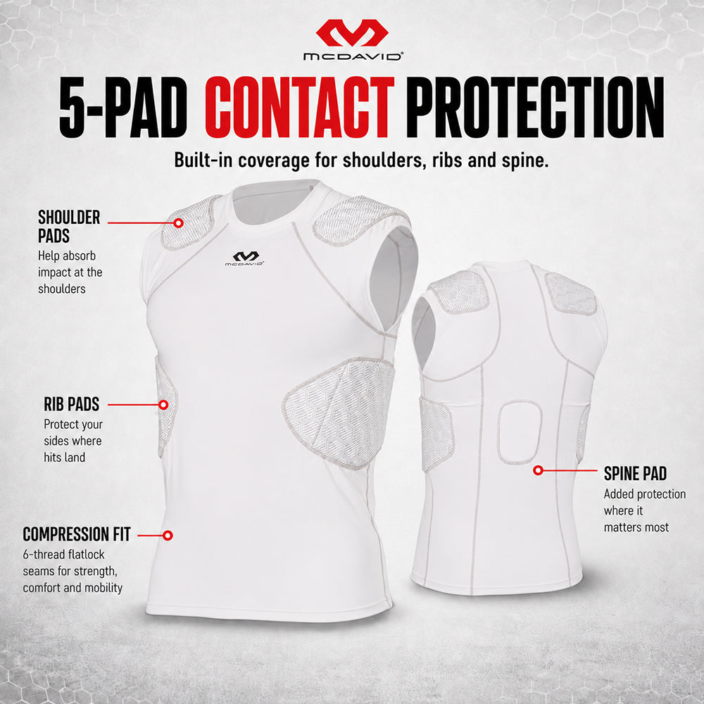 Diagram of McDavid Rival 5-Pad Integrated Compression Shirt in white showing shoulder pads, rib pads, spine pad, and compression fit