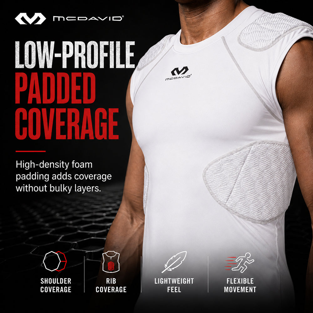 Close-up infographic of McDavid Rival 5-Pad Integrated Compression Shirt in white on model, highlighting shoulder and rib coverage with a lightweight, flexible fit