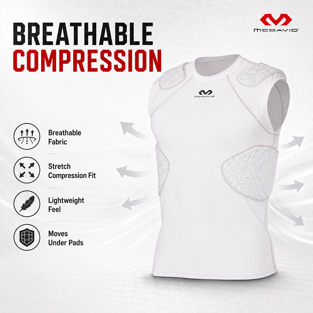 Infographic of McDavid Rival 5-Pad Integrated Compression Shirt in white, highlighting breathable fabric, stretch compression fit, and lightweight feel that moves under pads