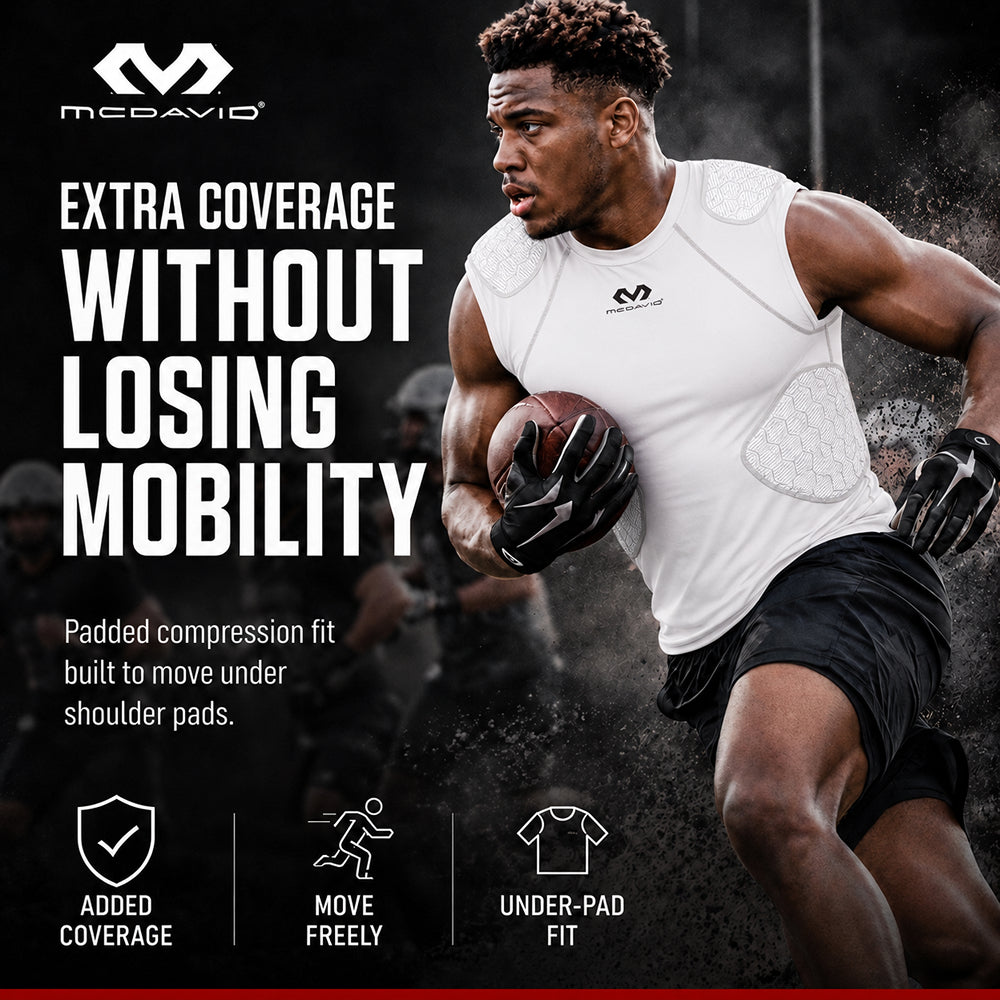 McDavid Rival 5-Pad Integrated Compression Shirt in white worn by athlete running with football, highlighting added coverage, freedom of movement, and fit under shoulder pads