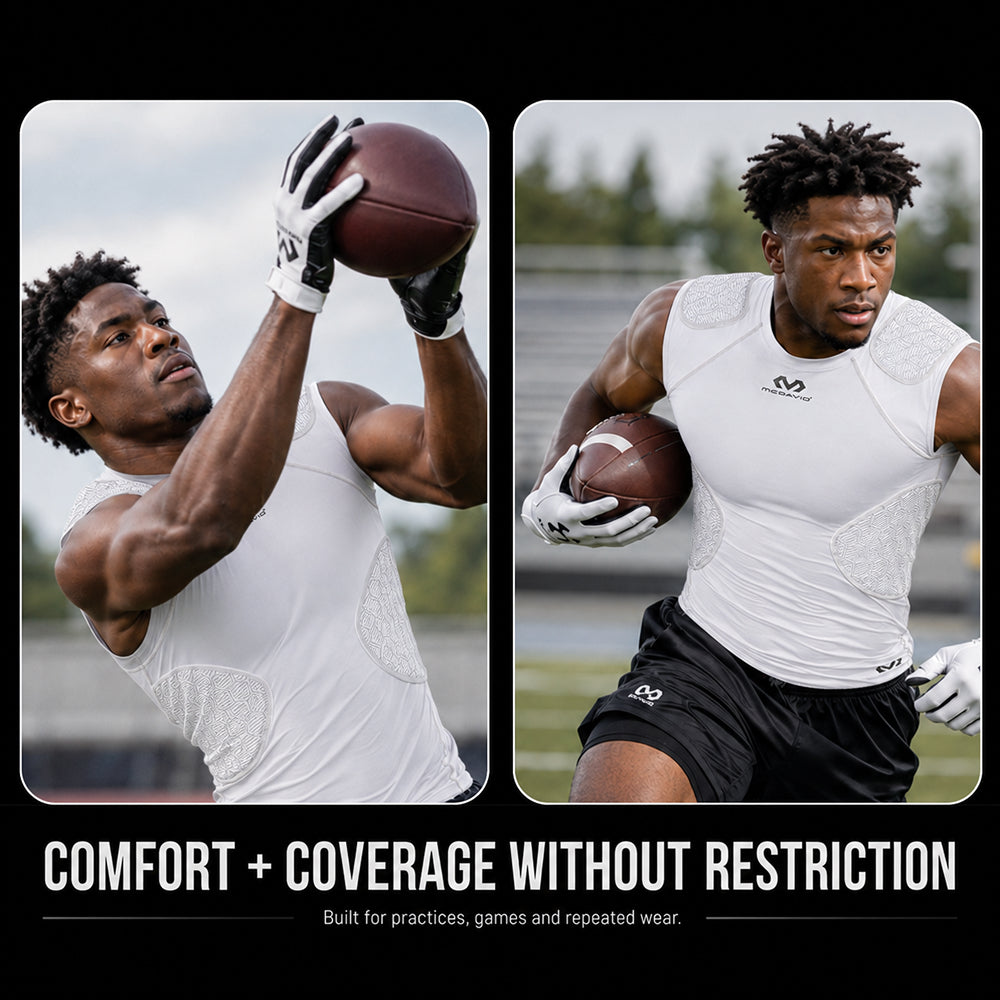McDavid Rival 5-Pad Integrated Compression Shirt in white in action on the field, showing comfort and coverage during football practice and play