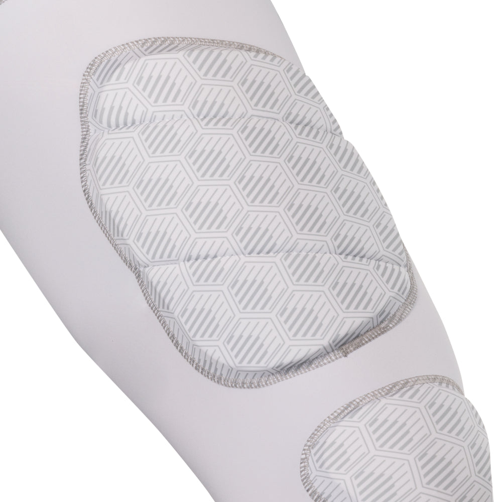 McDavid Rival Integrated 7-Pad ¾ Tight in white, close-up of hex-pattern thigh pad