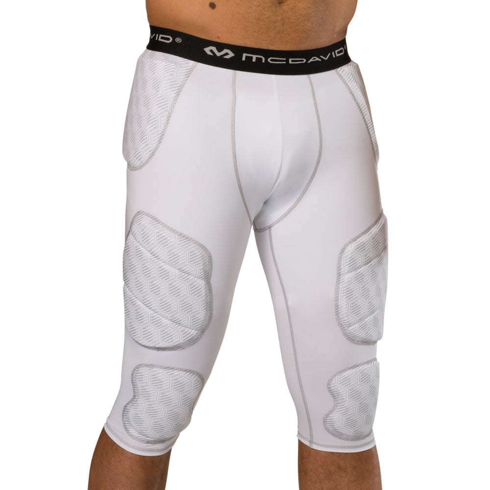 McDavid Rival Integrated 7-Pad ¾ Tight in white, front view on model showing padded tight fit