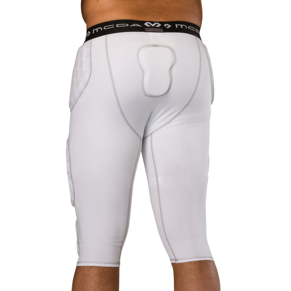 McDavid Rival Integrated 7-Pad ¾ Tight in white, back view on model showing tailbone pad and hip padding fit