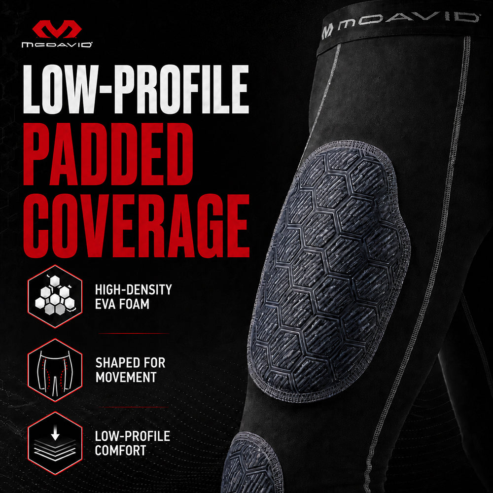 Close-up infographic of McDavid Rival Integrated 7-Pad ¾ Tight padding, highlighting high-density EVA foam, shaped-for-movement design, and low-profile comfort