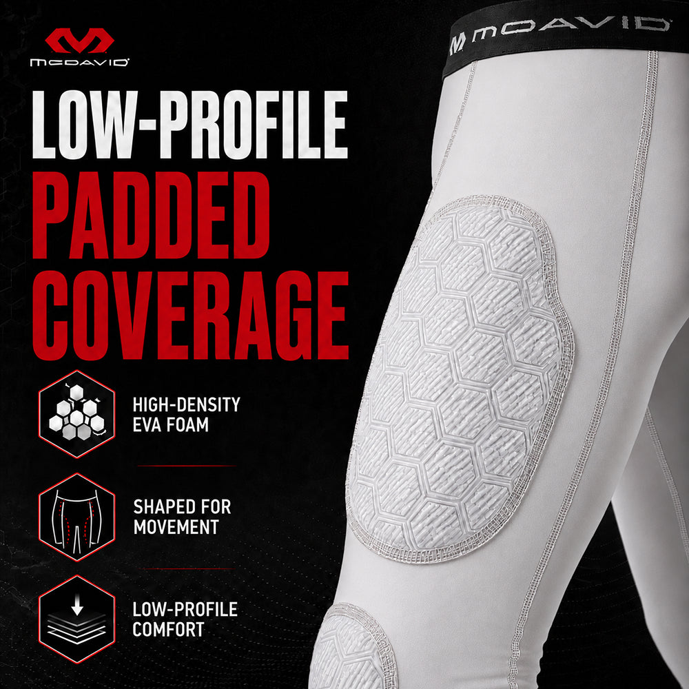Close-up infographic of McDavid Rival Integrated 7-Pad ¾ Tight padding, highlighting high-density EVA foam, shaped-for-movement design, and low-profile comfort