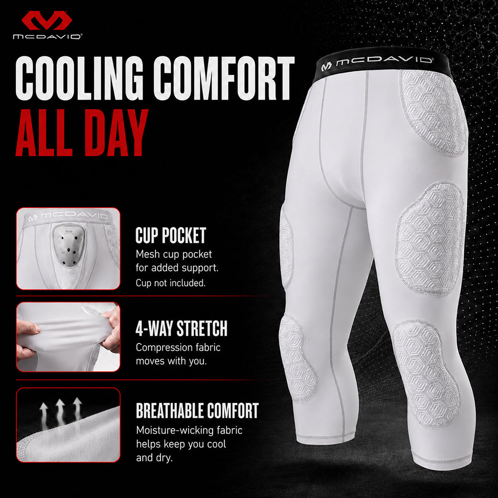 Infographic of McDavid Rival Integrated 7-Pad ¾ Tight features, showing mesh cup pocket, 4-way stretch fabric, and moisture-wicking breathable comfort
