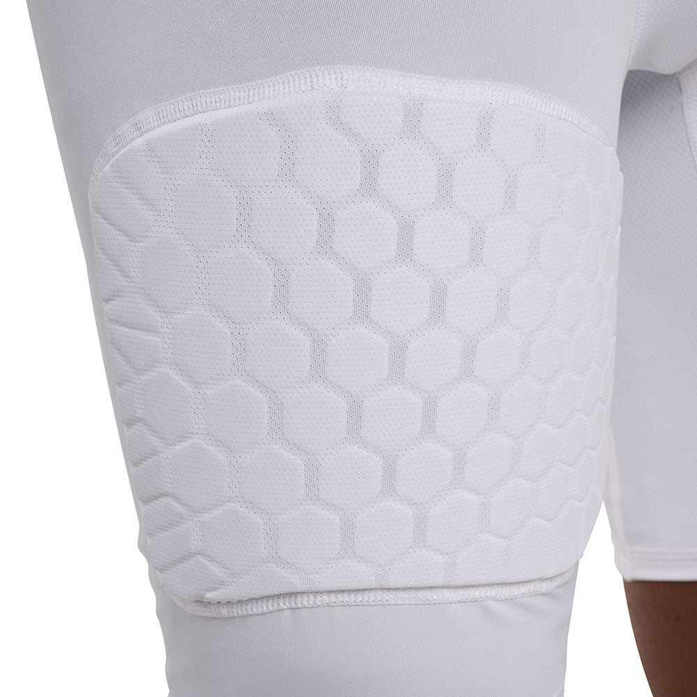 Close-up of HEX® pattern thigh pad on McDavid HEX® Viz 5-Pad White Short