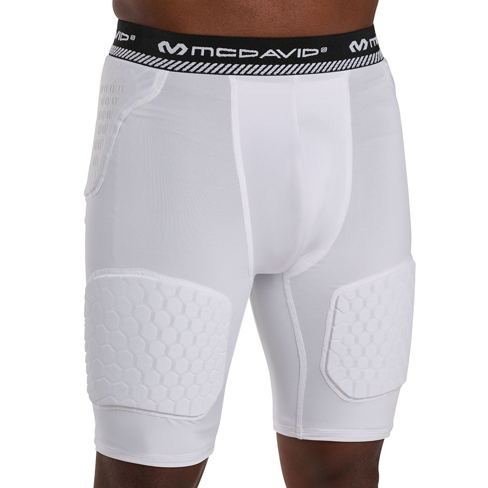 Front view of McDavid HEX® Viz 5-Pad White Short on model, showing hip pad placement, contoured cup pocket and thigh pad