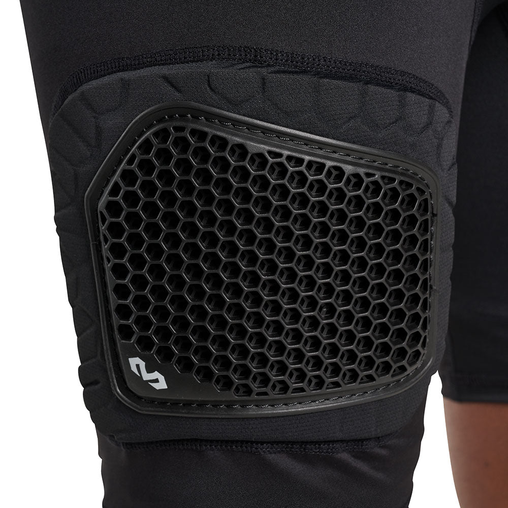 Close-up of hard-shell thigh cap on McDavid HEX® Viz 5-Pad Black Short with Hard Cap