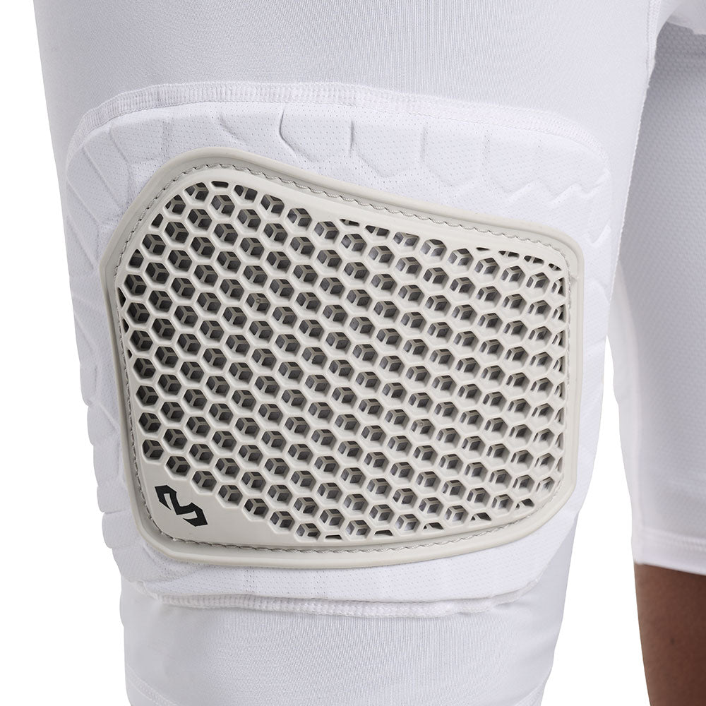 Close-up of hard-shell thigh cap on McDavid HEX® Viz 5-Pad White Short with Hard Cap