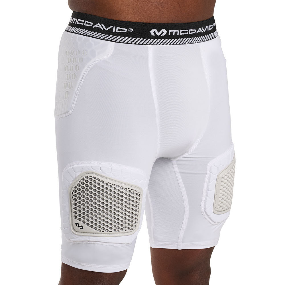 Front view of McDavid HEX® Viz 5-Pad Short with Hard Cap on model, white, showing hip pad placement and hard-shell thigh caps