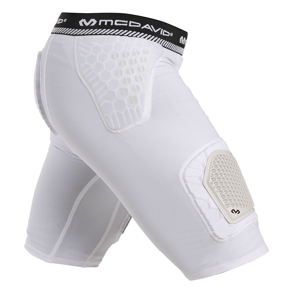 McDavid HEX® Viz 5-Pad Short with Hard Cap, white compression short with integrated hip, tailbone and hard-shell thigh protection