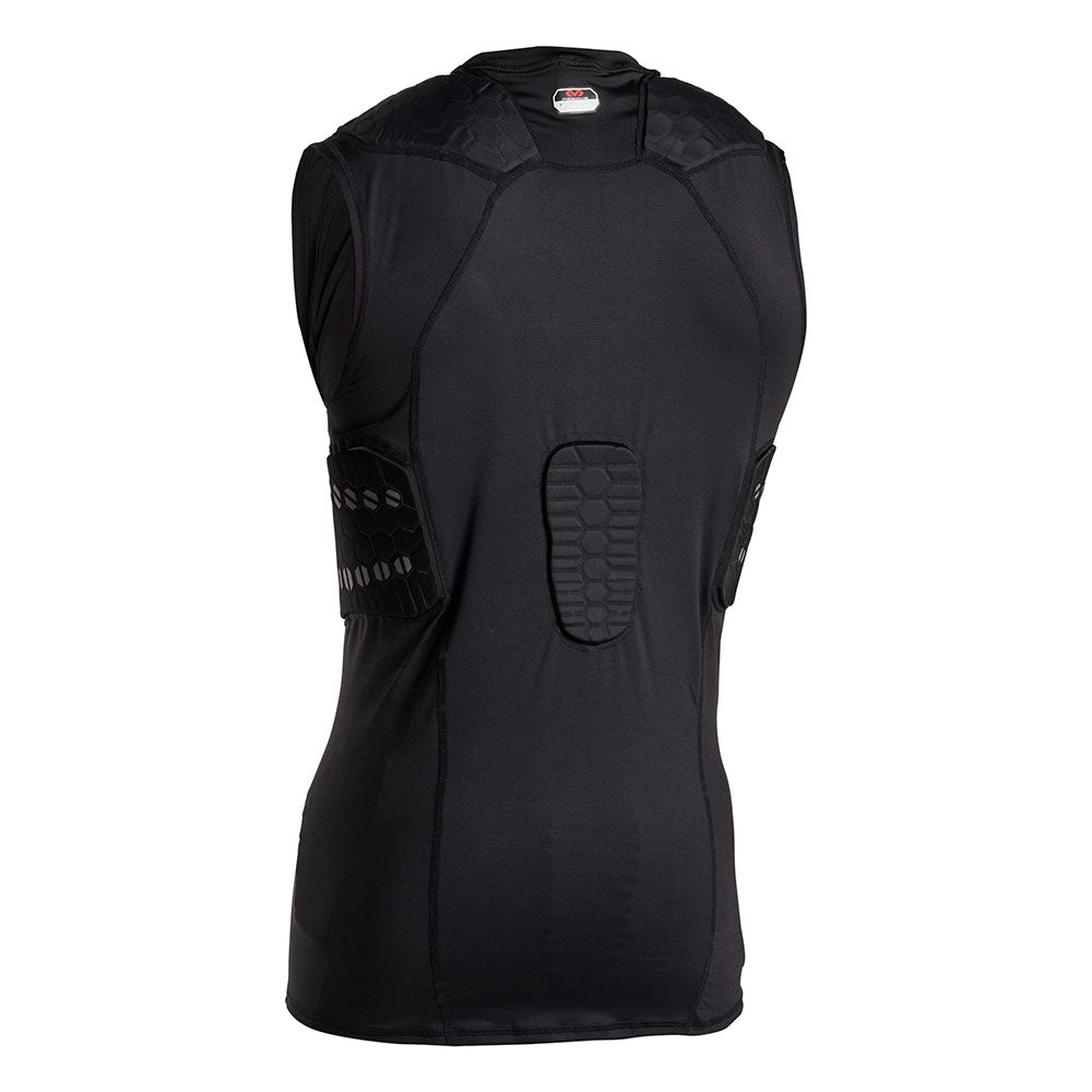Back of McDavid HEX® Viz 5-Pad Sleeveless Shirt, black, showing shoulder, spine and rib pad placement