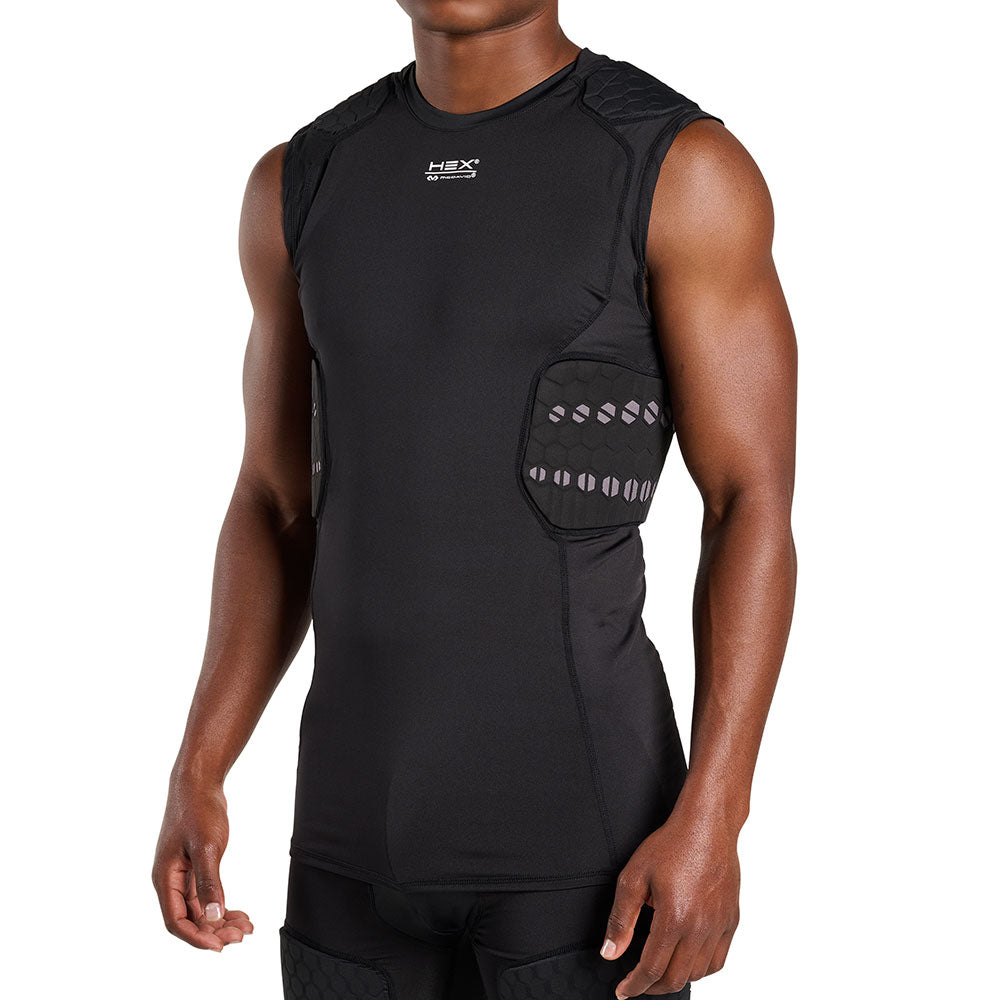 Side view of McDavid HEX® Viz 5-Pad Sleeveless Shirt on model, black, showing shoulder and rib pad placement