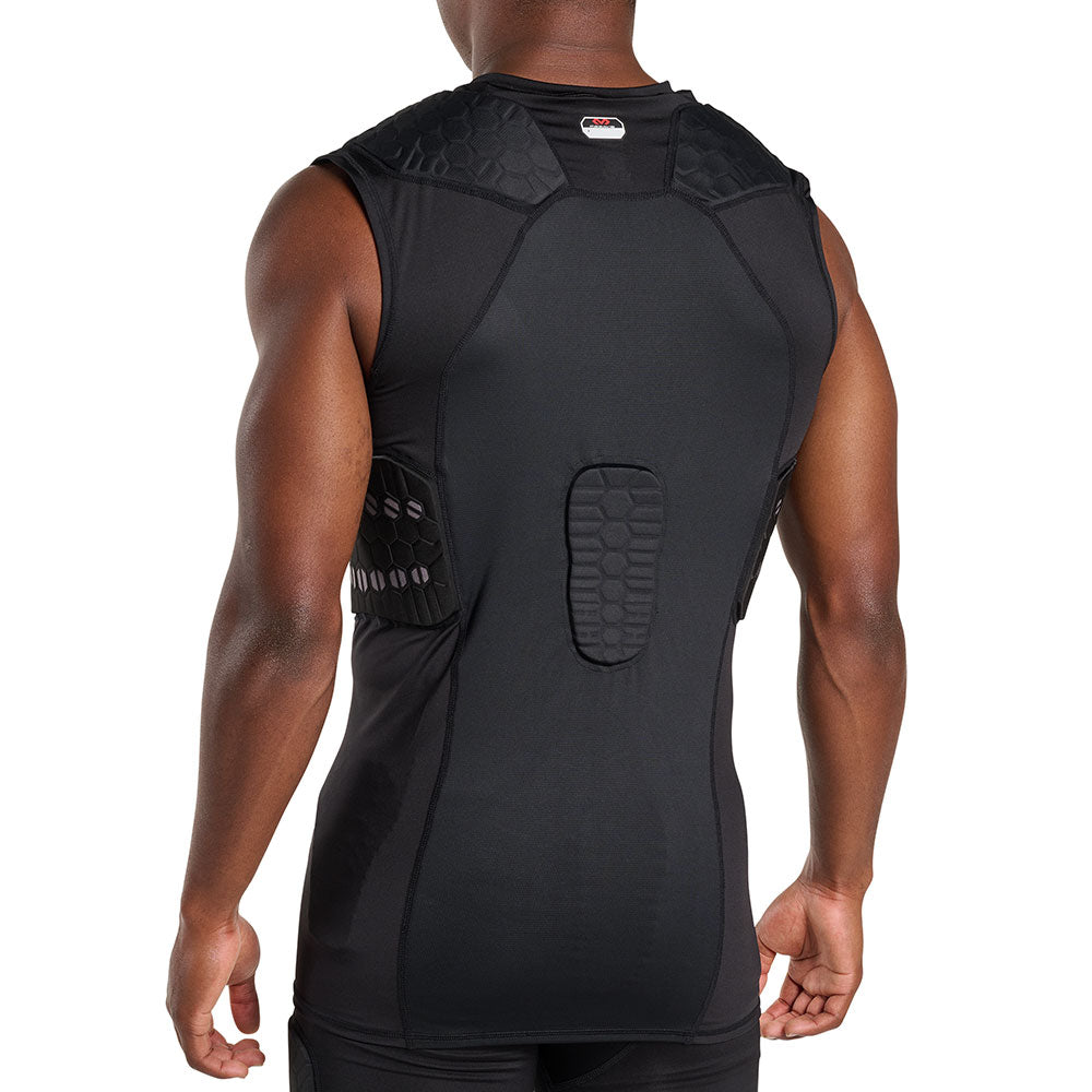 Back view of McDavid HEX® Viz 5-Pad Sleeveless Shirt on model, black, showing hex-pattern shoulder and spine pads