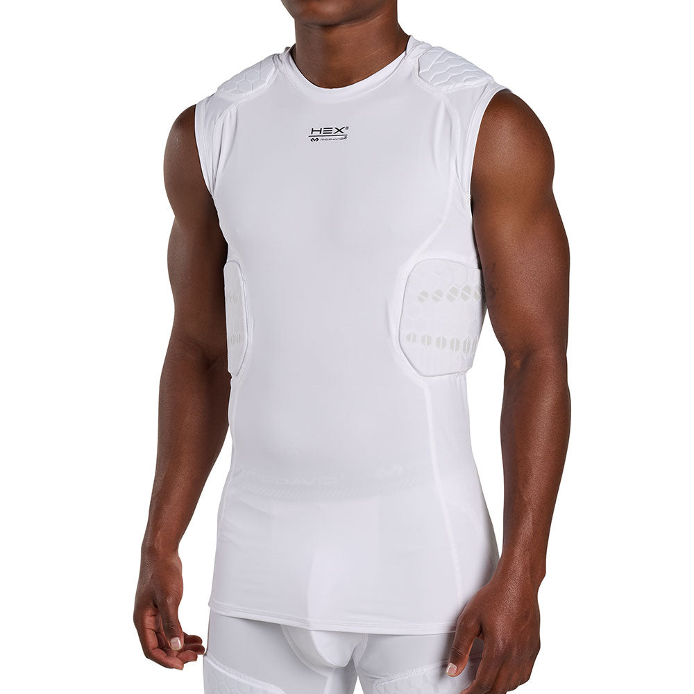 Side view of McDavid HEX® Viz 5-Pad Sleeveless Shirt on model, white, showing shoulder and rib pad placement