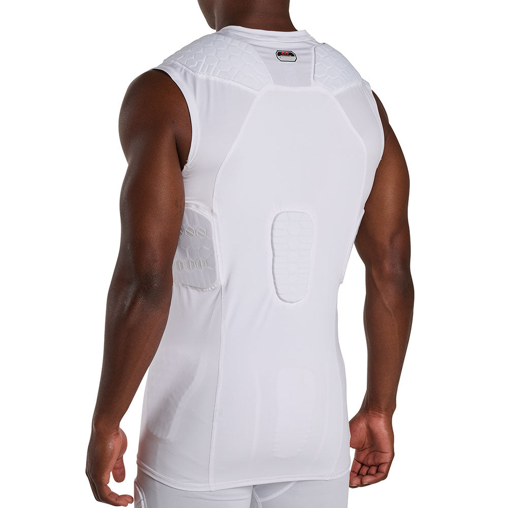 Back view of McDavid HEX® Viz 5-Pad Sleeveless Shirt on model, white, showing hex-pattern shoulder and spine pads